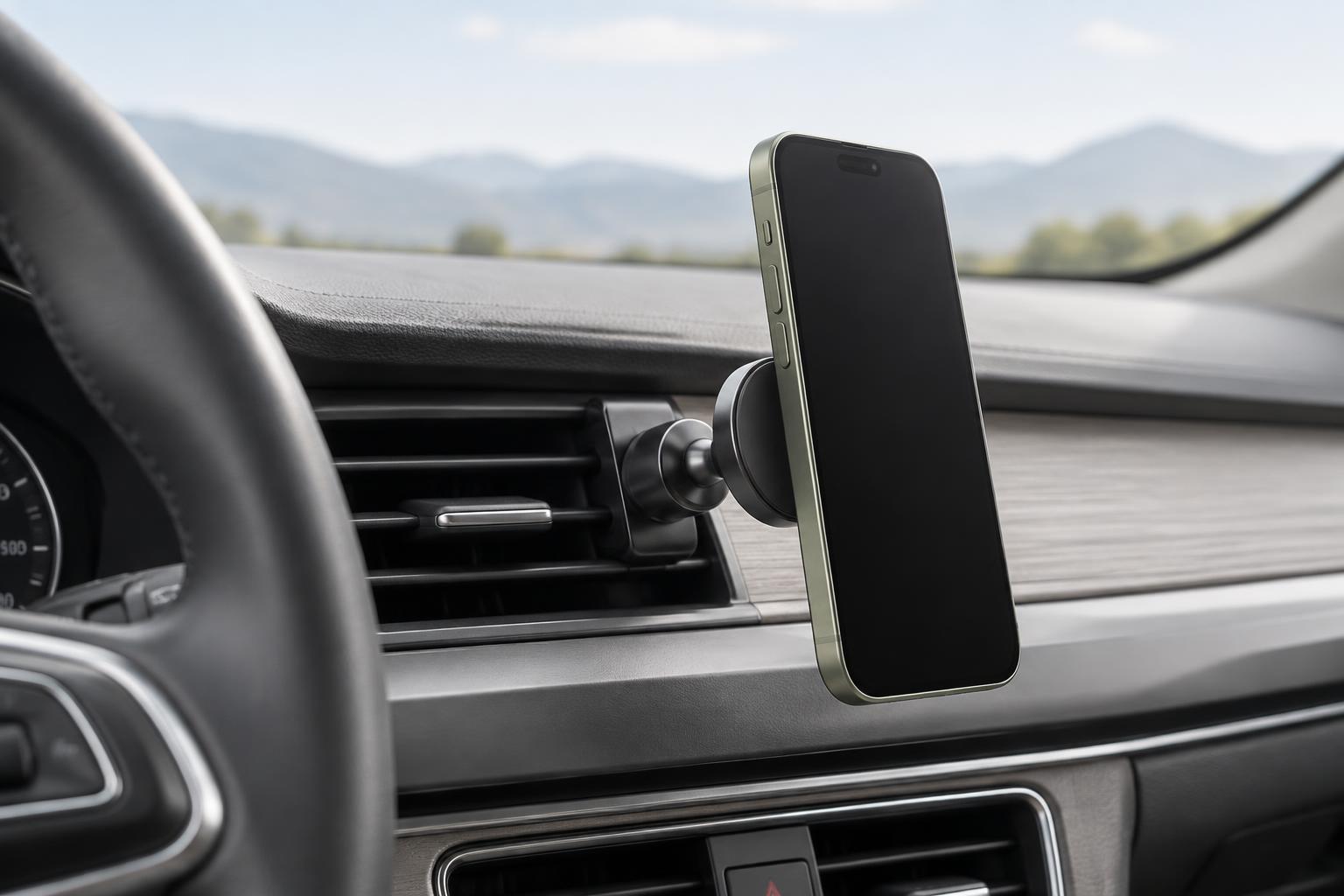 Magnetic phone mount securely holding a phone on a car air vent